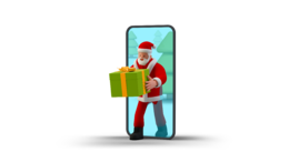 圣诞节从手机里面出来的圣诞老人拿着礼物